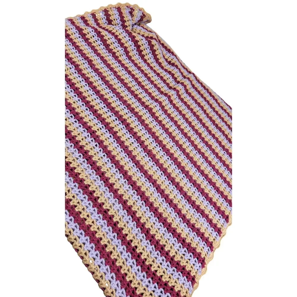Handmade crochet afghan throw blanket 37x67 Beige Lavender Wine Burgundy Stripe